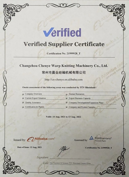 LA CHINE Changzhou Chenye Warp Knitting Machinery Co., Ltd. Leave Messages certifications