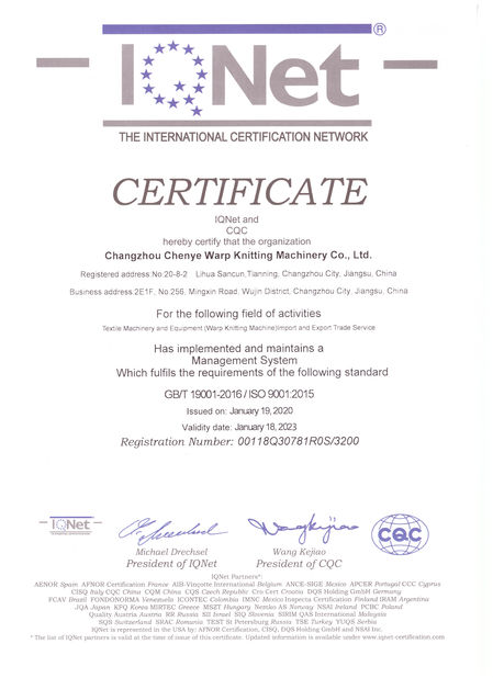 LA CHINE Changzhou Chenye Warp Knitting Machinery Co., Ltd. certifications