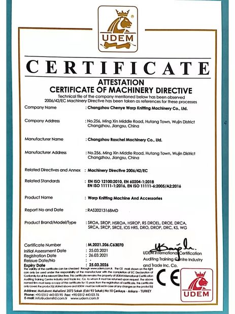 LA CHINE Changzhou Chenye Warp Knitting Machinery Co., Ltd. certifications